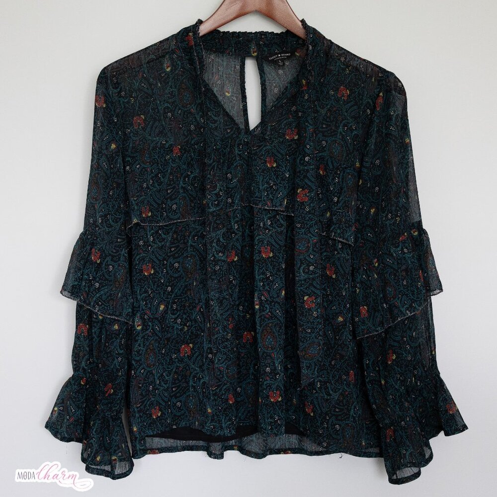 Paisley Print Ruffle Peasant Blouse
